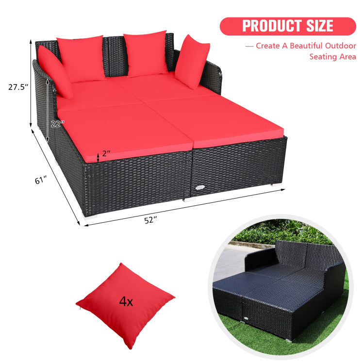 Outdoor Spacious Outdoor Rattan Daybed with Upholstered Cushions and Pillows