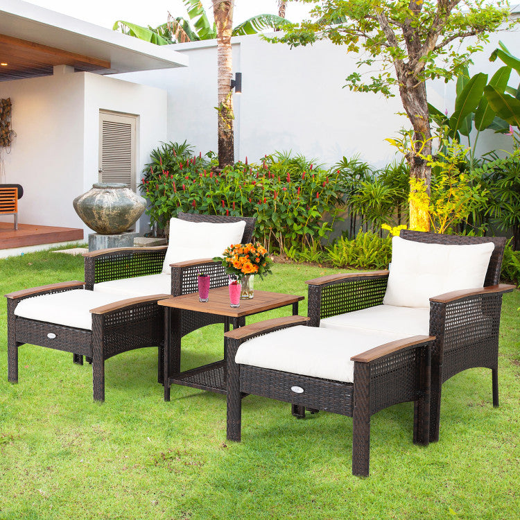 Outdoor 5 Pieces Patio Rattan Furniture Set with Acacia Wood Table