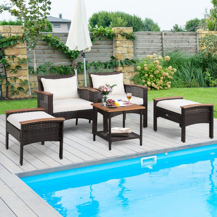 Outdoor 5 Pieces Patio Rattan Furniture Set with Acacia Wood Table