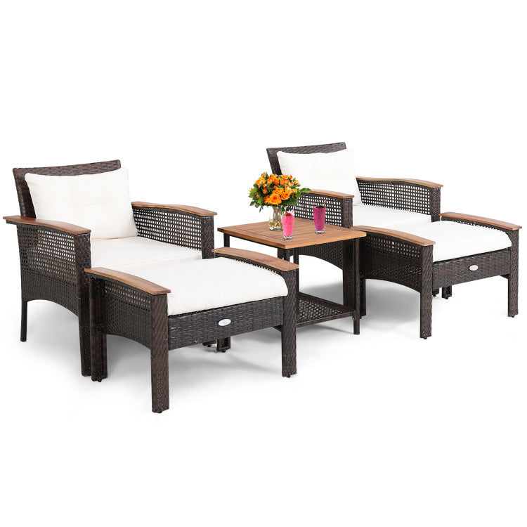 Outdoor 5 Pieces Patio Rattan Furniture Set with Acacia Wood Table