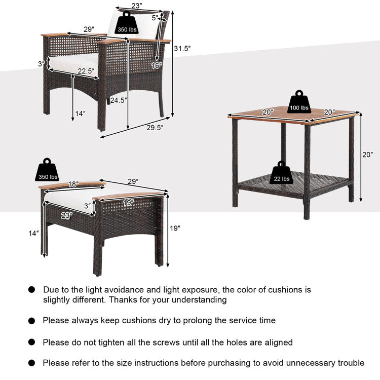 Outdoor 5 Pieces Patio Rattan Furniture Set with Acacia Wood Table