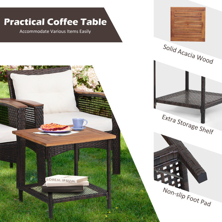 Outdoor 5 Pieces Patio Rattan Furniture Set with Acacia Wood Table