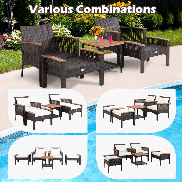 Outdoor 5 Pieces Patio Rattan Furniture Set with Acacia Wood Table