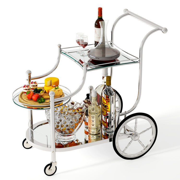 Modern 3-Tier Home Bar Serving Cart on Wheels with Mirrored Shelves