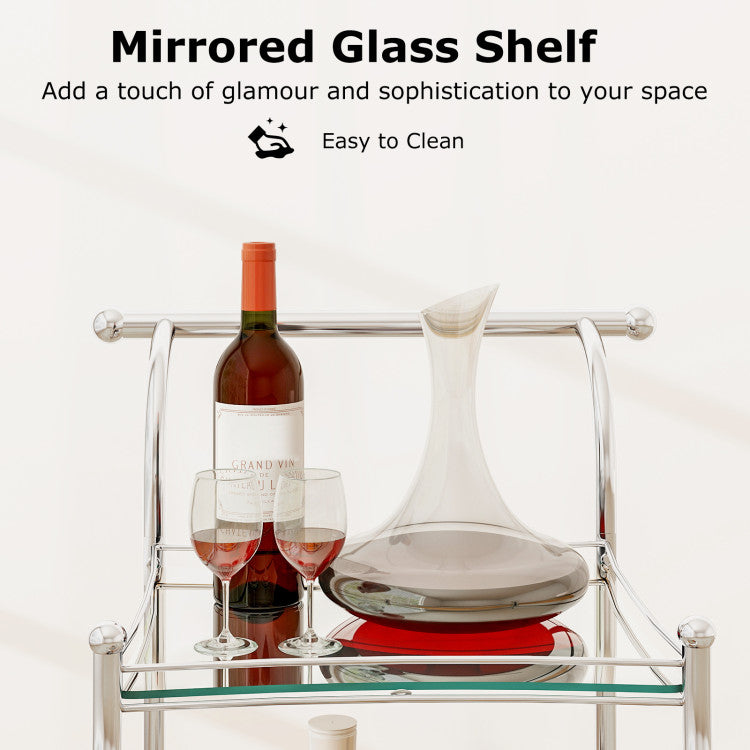 Modern 3-Tier Home Bar Serving Cart on Wheels with Mirrored Shelves