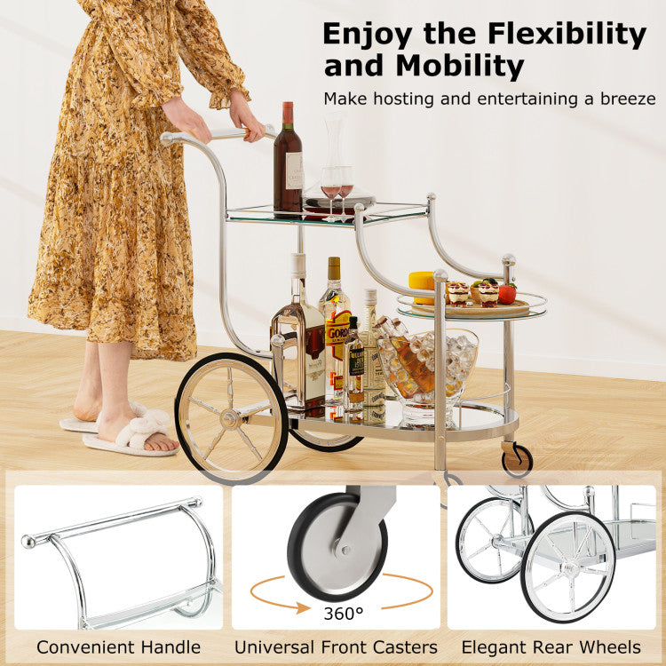 Modern 3-Tier Home Bar Serving Cart on Wheels with Mirrored Shelves