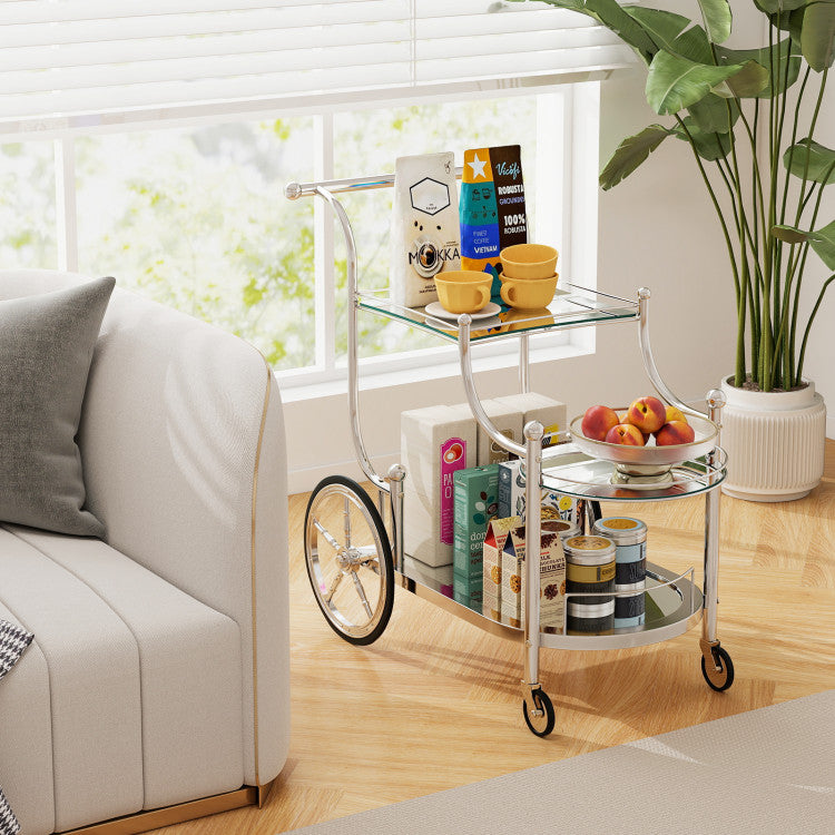 Modern 3-Tier Home Bar Serving Cart on Wheels with Mirrored Shelves