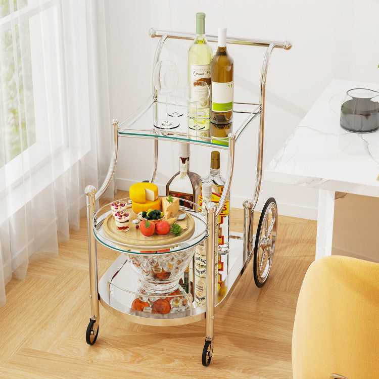 Modern 3-Tier Home Bar Serving Cart on Wheels with Mirrored Shelves