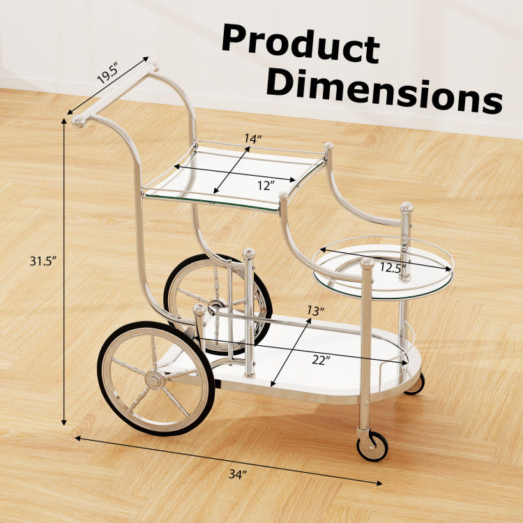 Modern 3-Tier Home Bar Serving Cart on Wheels with Mirrored Shelves