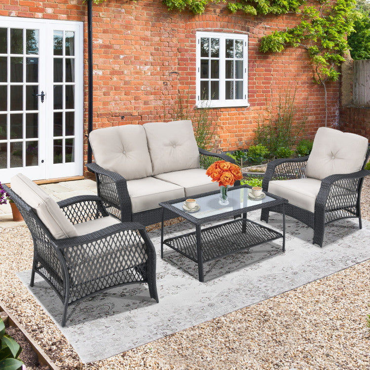 Outdoor 4 Pieces Patio Wicker Furniture Set with Coffee Table and Cushions