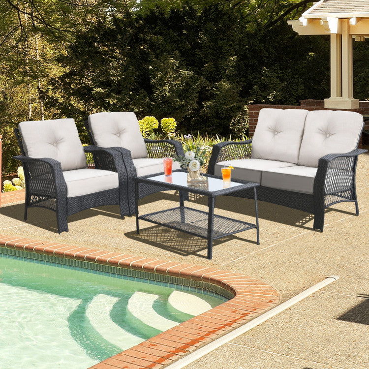 Outdoor 4 Pieces Patio Wicker Furniture Set with Coffee Table and Cushions