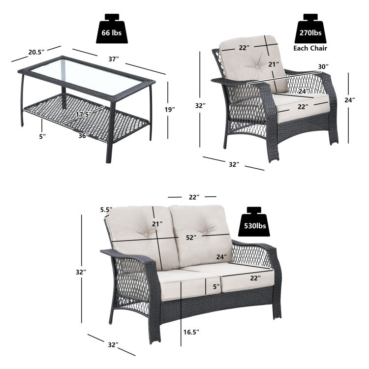 Outdoor 4 Pieces Patio Wicker Furniture Set with Coffee Table and Cushions