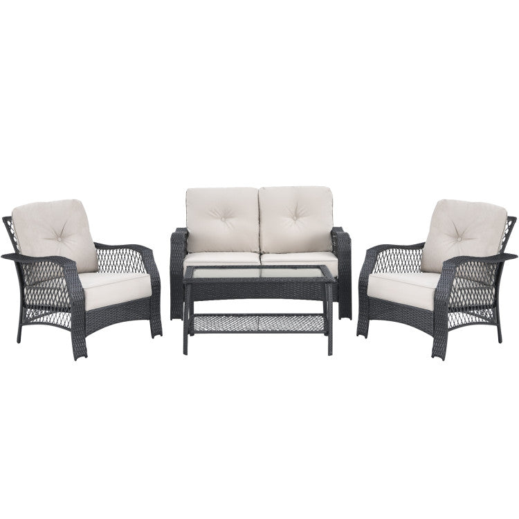 Outdoor 4 Pieces Patio Wicker Furniture Set with Coffee Table and Cushions