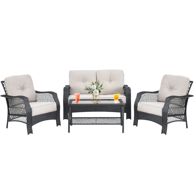 Outdoor 4 Pieces Patio Wicker Furniture Set with Coffee Table and Cushions