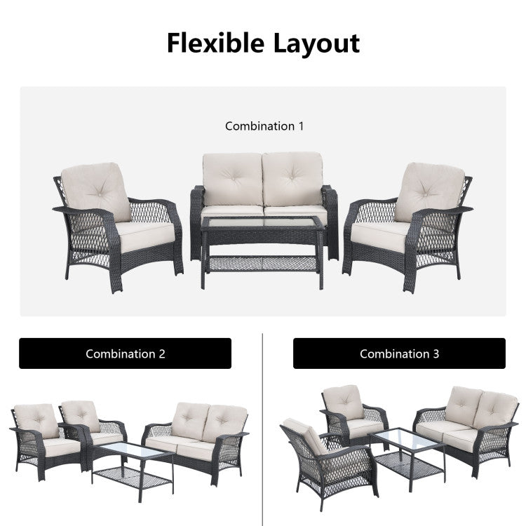 Outdoor 4 Pieces Patio Wicker Furniture Set with Coffee Table and Cushions