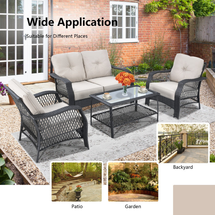 Outdoor 4 Pieces Patio Wicker Furniture Set with Coffee Table and Cushions
