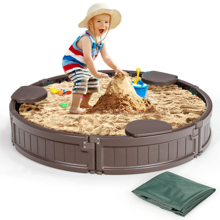 Outdoor Kids Sandbox with Built-in Corner Seat and Cover