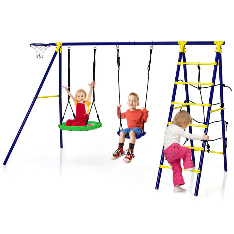 Outdoor Kids 5-In-1 Outdoor Kids Swing Set with A-Shaped Metal Frame and Ground Stake