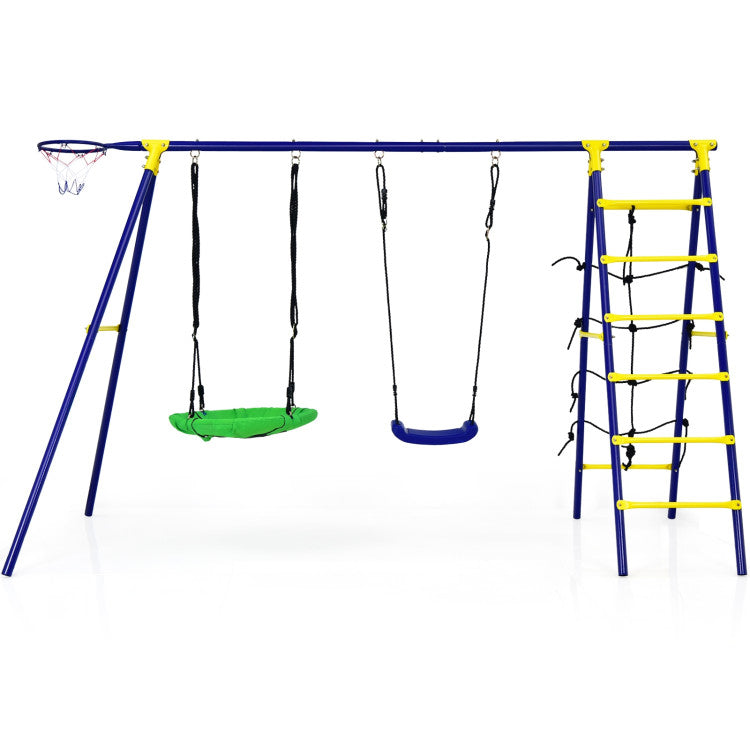 Outdoor Kids 5-In-1 Outdoor Kids Swing Set with A-Shaped Metal Frame and Ground Stake