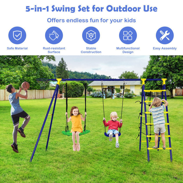 Outdoor Kids 5-In-1 Outdoor Kids Swing Set with A-Shaped Metal Frame and Ground Stake