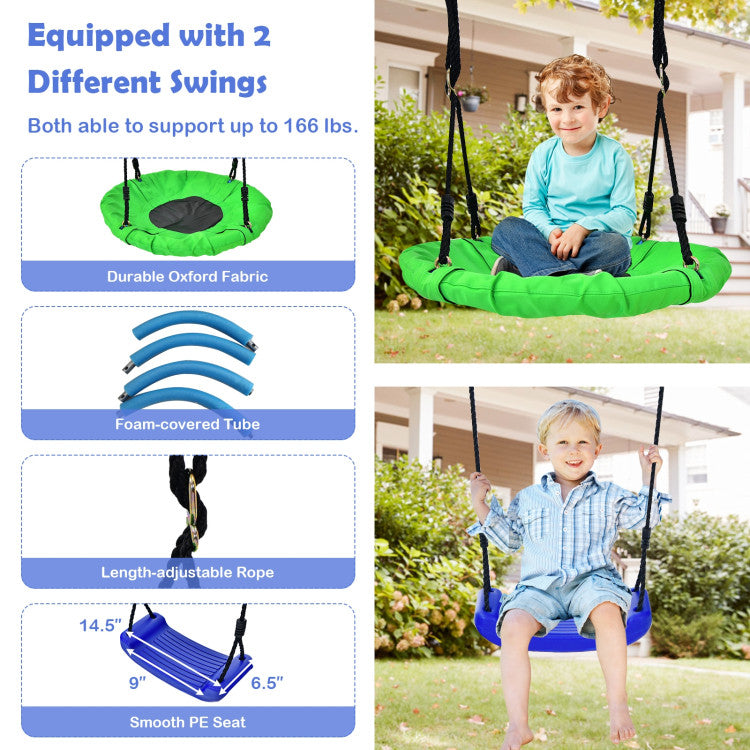 Outdoor Kids 5-In-1 Outdoor Kids Swing Set with A-Shaped Metal Frame and Ground Stake