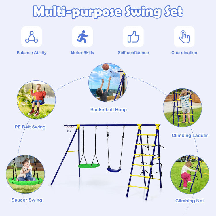 Outdoor Kids 5-In-1 Outdoor Kids Swing Set with A-Shaped Metal Frame and Ground Stake