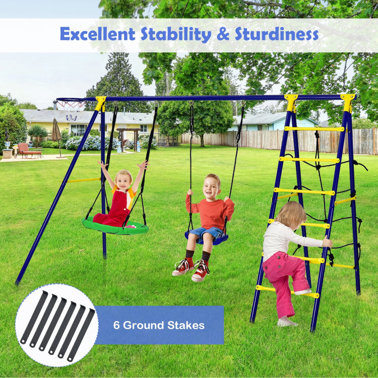 Outdoor Kids 5-In-1 Outdoor Kids Swing Set with A-Shaped Metal Frame and Ground Stake