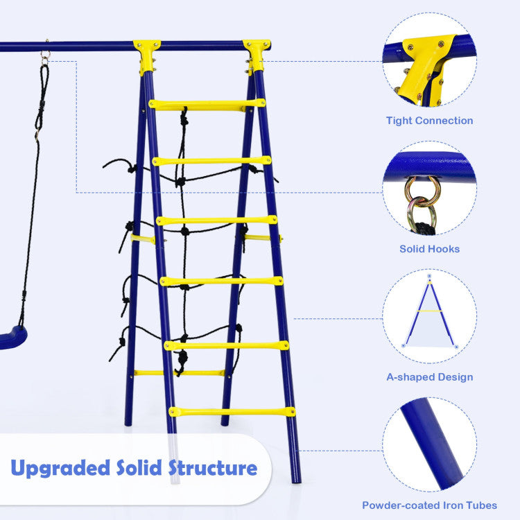 Outdoor Kids 5-In-1 Outdoor Kids Swing Set with A-Shaped Metal Frame and Ground Stake