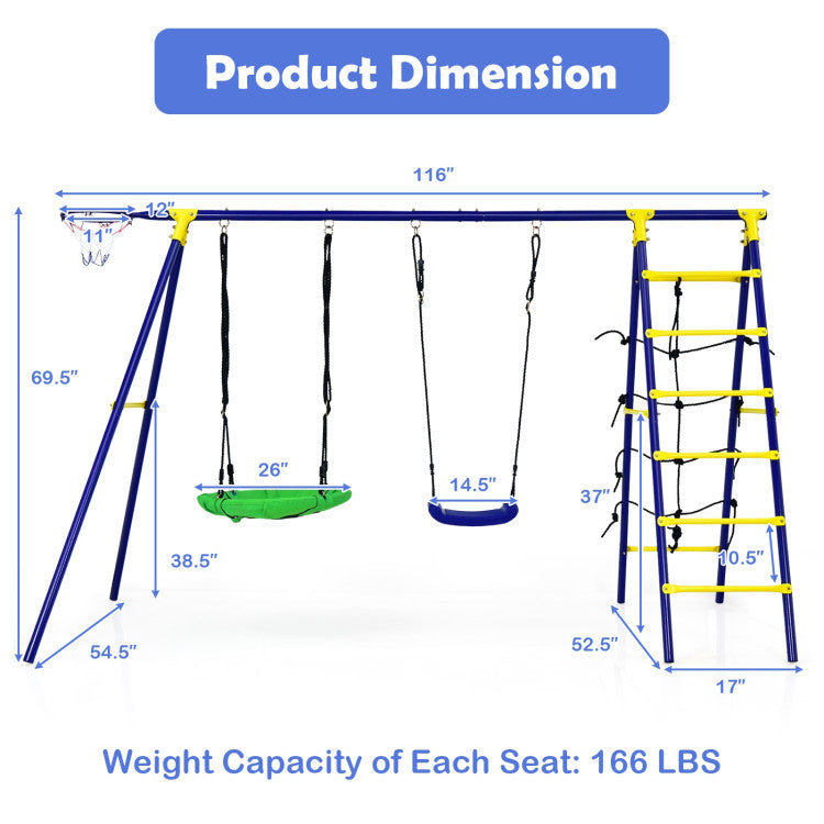 Outdoor Kids 5-In-1 Outdoor Kids Swing Set with A-Shaped Metal Frame and Ground Stake