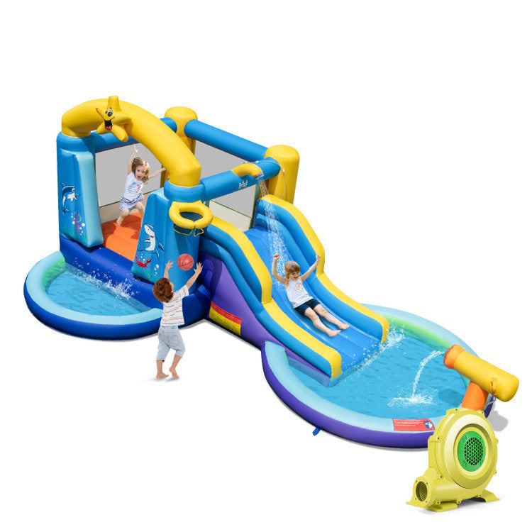 Outdoor Kids Inflatable Ocean-Themed Bounce House with 680W Blower and 2 Pools
