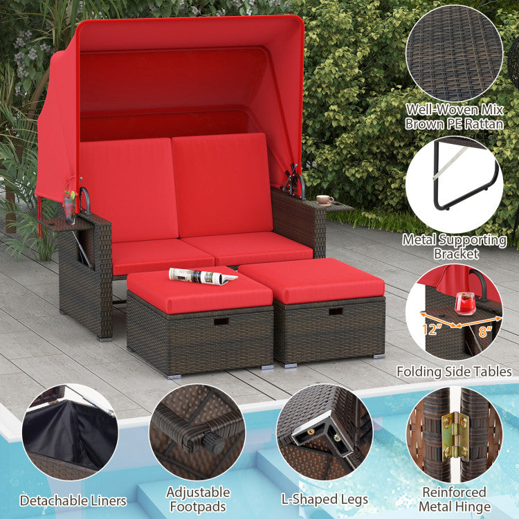Outdoor Patio Rattan Daybed with Retractable Canopy and Adjustable Backrests