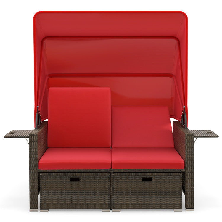 Outdoor Patio Rattan Daybed with Retractable Canopy and Adjustable Backrests