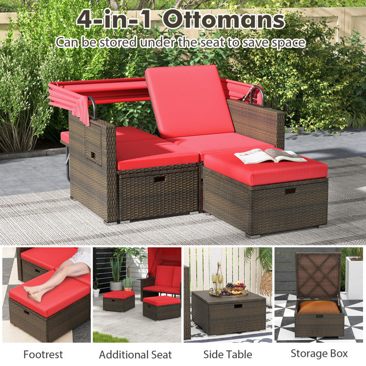 Outdoor Patio Rattan Daybed with Retractable Canopy and Adjustable Backrests