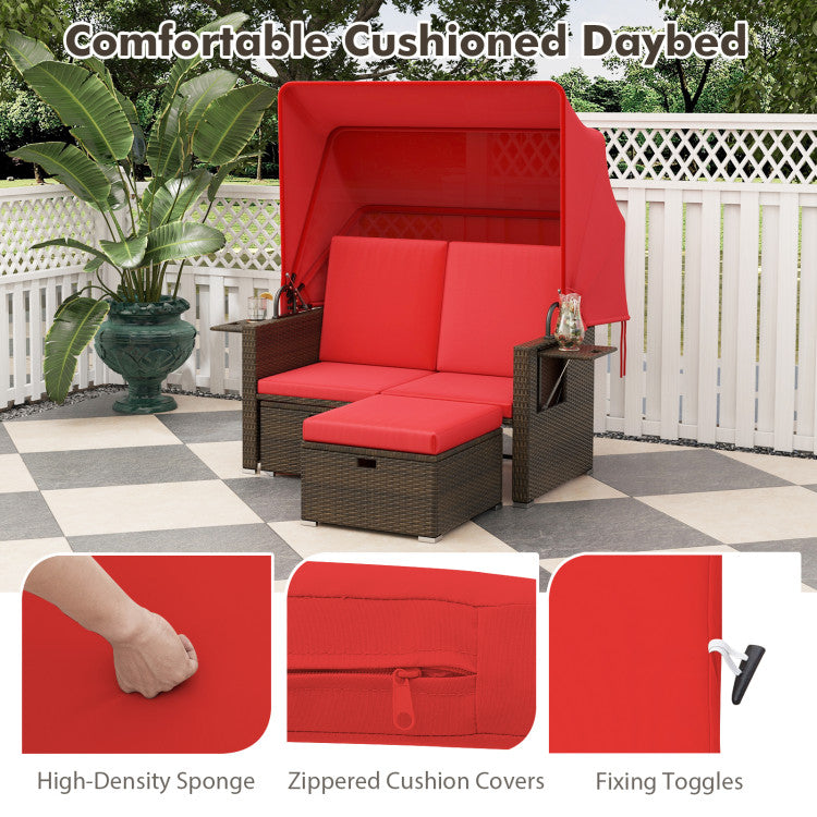 Outdoor Patio Rattan Daybed with Retractable Canopy and Adjustable Backrests