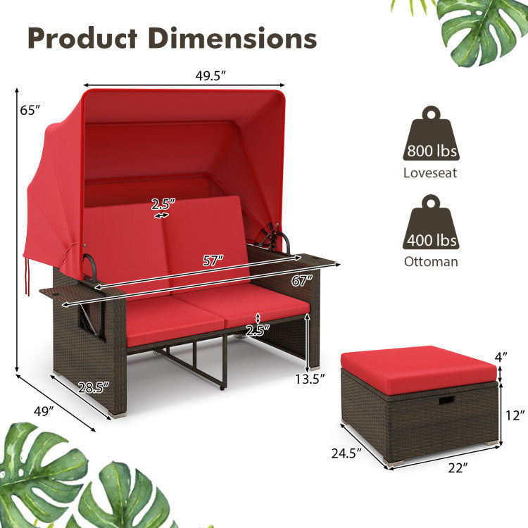 Outdoor Patio Rattan Daybed with Retractable Canopy and Adjustable Backrests