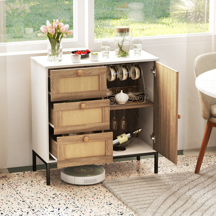 Home Rattan Sideboard Buffet Cabinet with 1 Door and 3 Drawers
