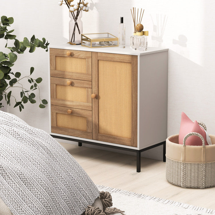 Home Rattan Sideboard Buffet Cabinet with 1 Door and 3 Drawers