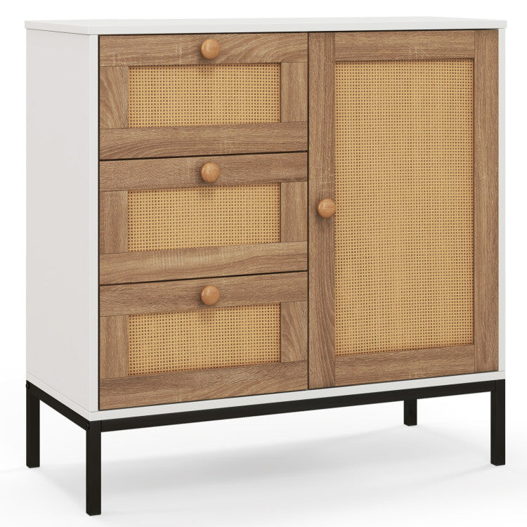 Home Rattan Sideboard Buffet Cabinet with 1 Door and 3 Drawers