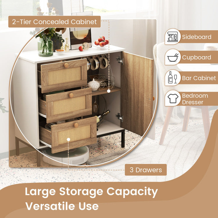 Home Rattan Sideboard Buffet Cabinet with 1 Door and 3 Drawers