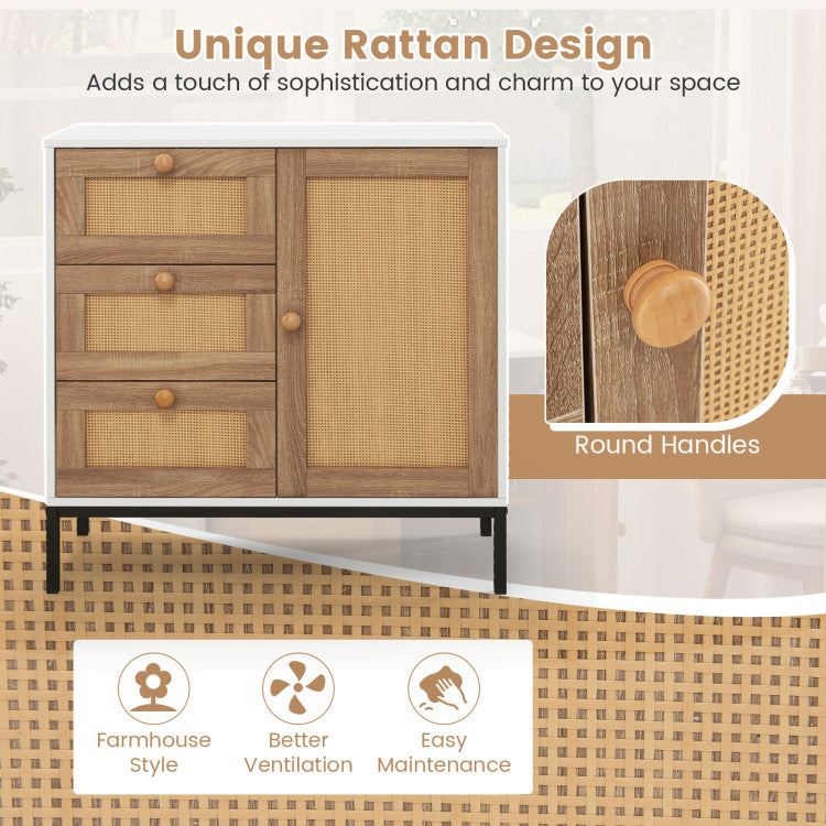 Home Rattan Sideboard Buffet Cabinet with 1 Door and 3 Drawers