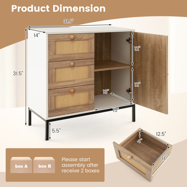 Home Rattan Sideboard Buffet Cabinet with 1 Door and 3 Drawers