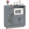 Modern Rolling Kitchen Island with Wheels Drawer and Glass Door Cabinet