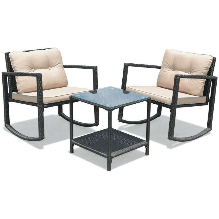 Outdoor 3 Pieces Cushioned Patio Rattan Set with Rocking Chair and Table