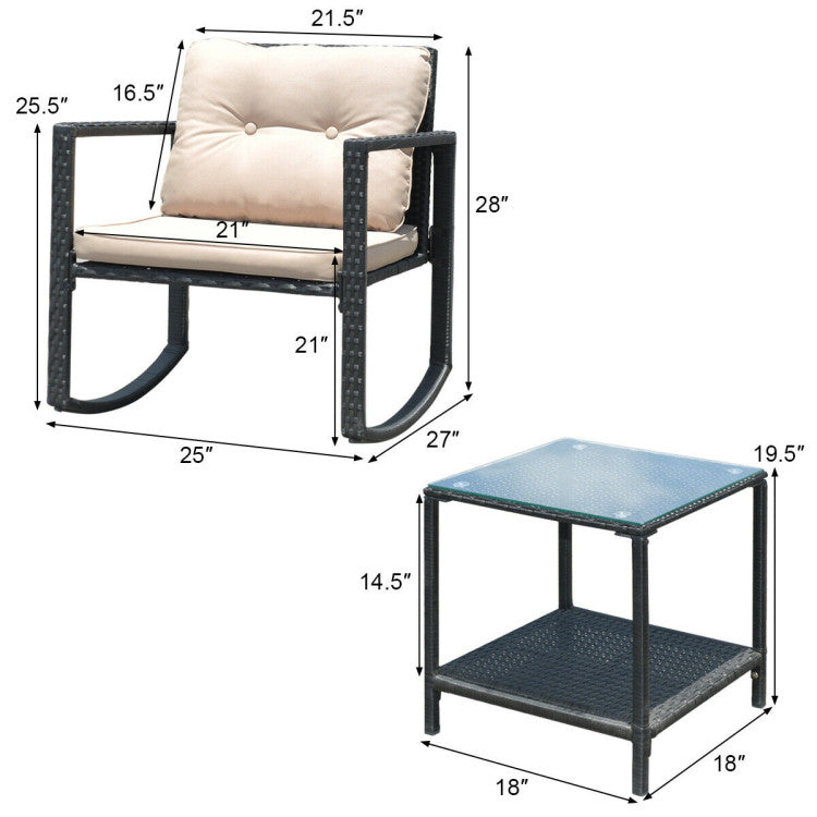 Outdoor 3 Pieces Cushioned Patio Rattan Set with Rocking Chair and Table