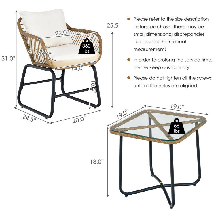 New Outdoor 3-Piece Patio Bistro Set with 2 Rattan Chairs and Square Glass Coffee Table