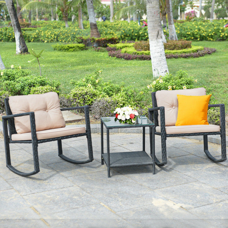 Outdoor 3 Pieces Cushioned Patio Rattan Set with Rocking Chair and Table