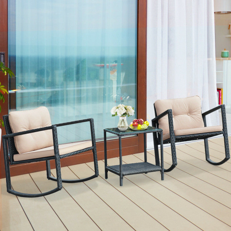 Outdoor 3 Pieces Cushioned Patio Rattan Set with Rocking Chair and Table