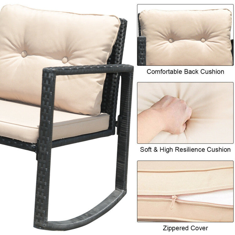 Outdoor 3 Pieces Cushioned Patio Rattan Set with Rocking Chair and Table