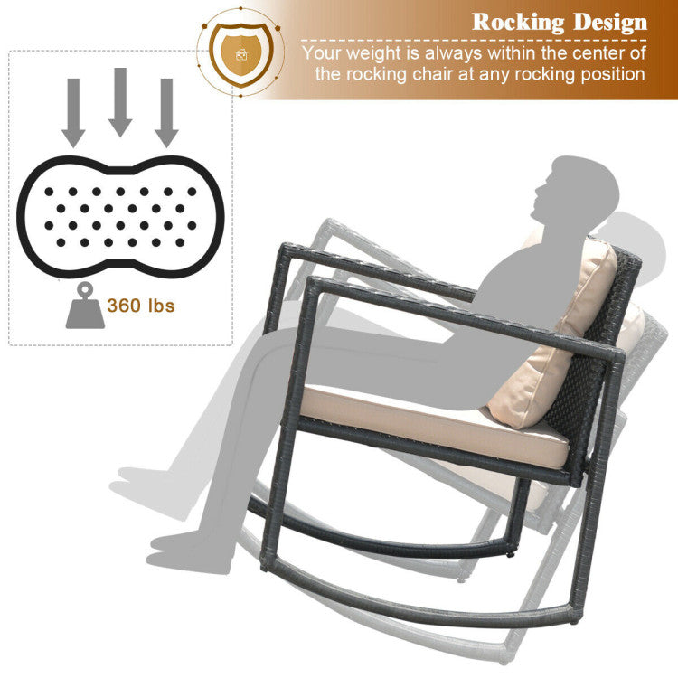 Outdoor 3 Pieces Cushioned Patio Rattan Set with Rocking Chair and Table
