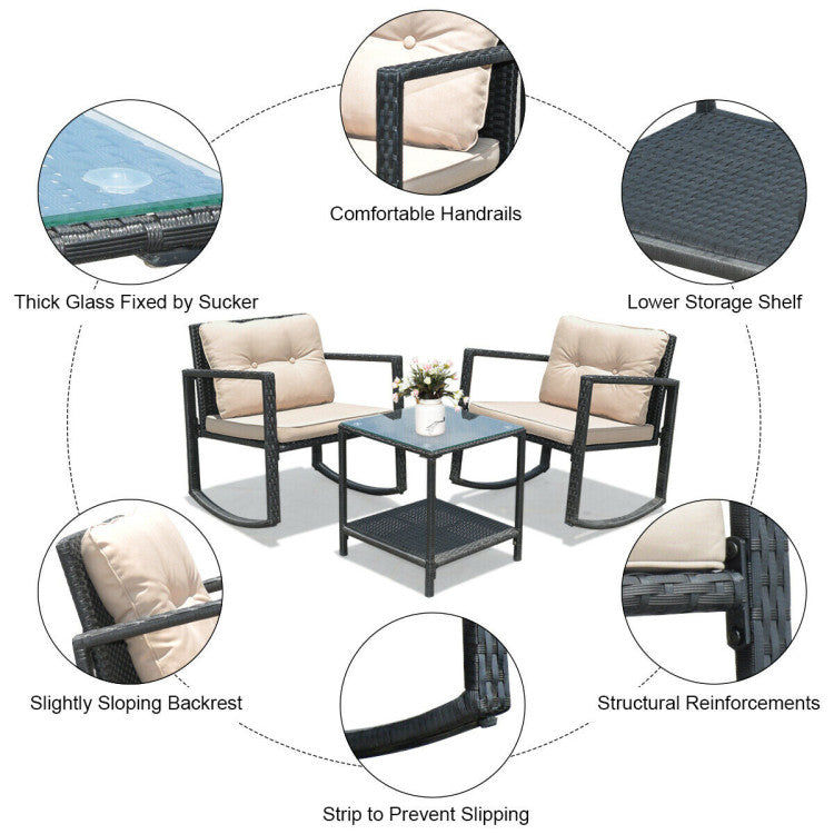 Outdoor 3 Pieces Cushioned Patio Rattan Set with Rocking Chair and Table